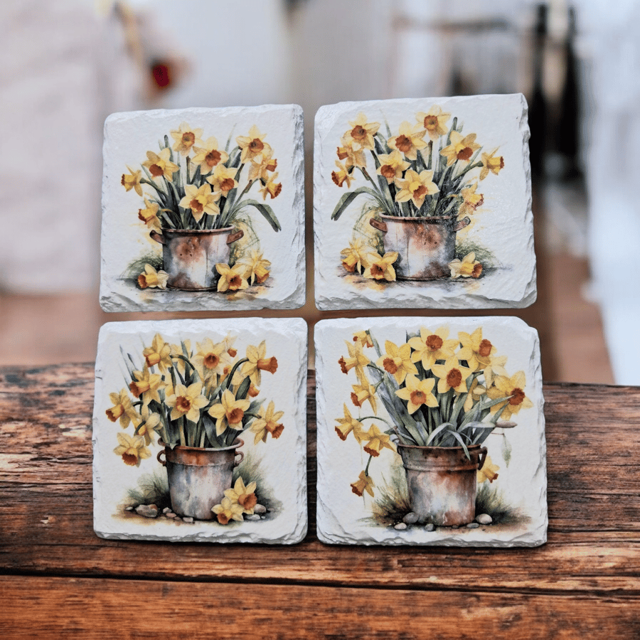 Daffodils in Pots Decoupaged Slate Coasters Set of 4