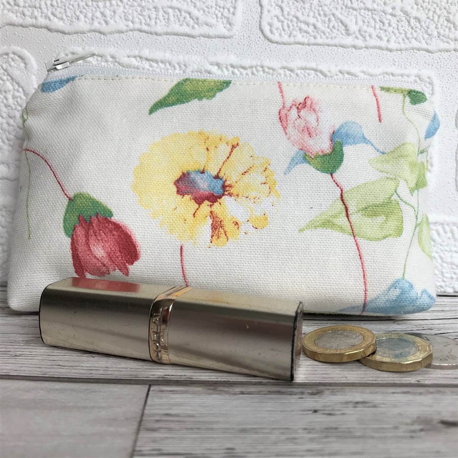 Large purse, coin purse in cream with pink and yellow floral print