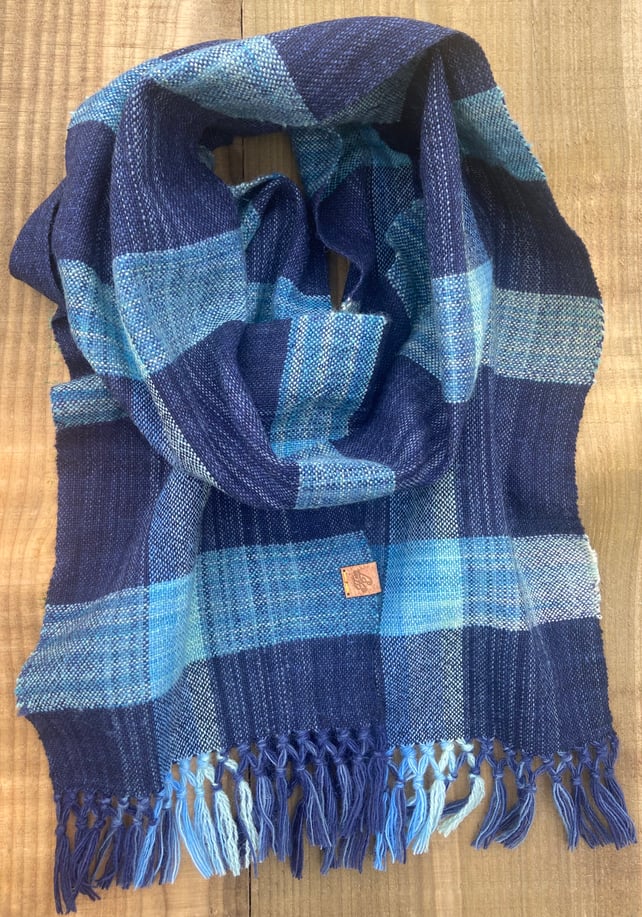 Hand Dyed & Woven Light Weight Tonal Blue Check Wool Scarf