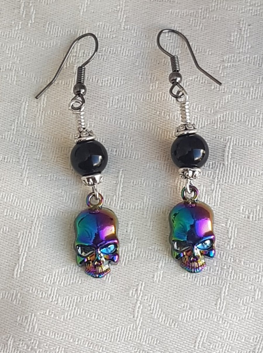 Rainbow Skull Earrings with Black Onyx Beads.