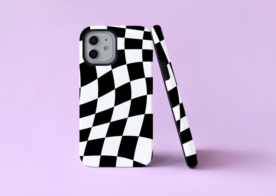 Wavy Checkered Illusion Design 2 in 1 Tough Phone Case Cover For iPhone