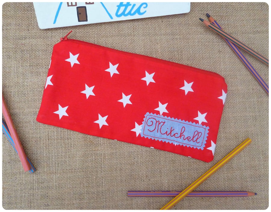 Personalised Red Stars Pencil Case (SKU00427)