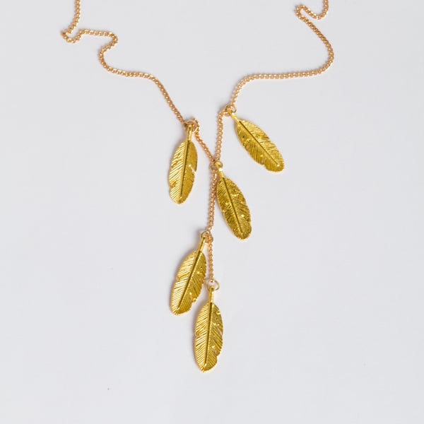 Long Gold Feather Necklace - Long gold Y chain - Long chain with feather charms