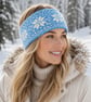 Ladies Hand-knitted Headband, Blue and Cream Snowflake Design