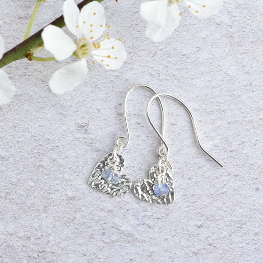 Tanzanite and Fine Silver Heart Earrings