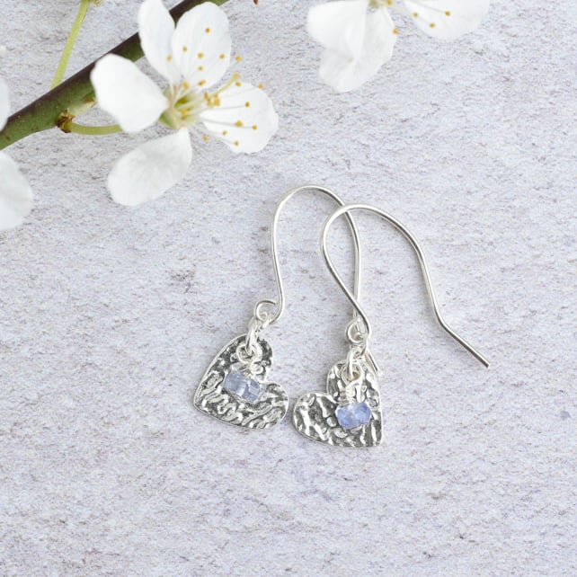 Tanzanite and Fine Silver Heart Earrings