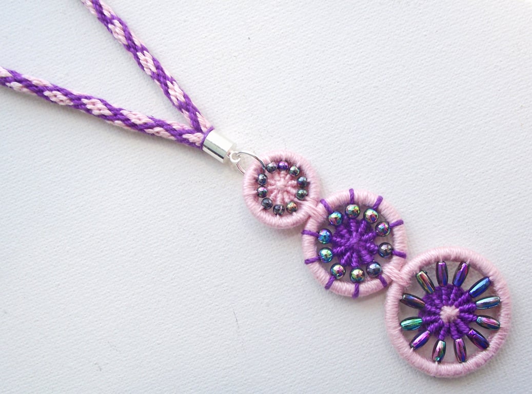 Statement Necklace with Beaded Dorset Buttons & Kumihimo Braid, Pink, Purple