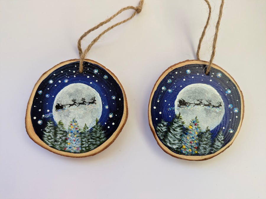 Hand Painted Wood Slice Christmas Tree Decoration - Santa's Sleigh set of 2