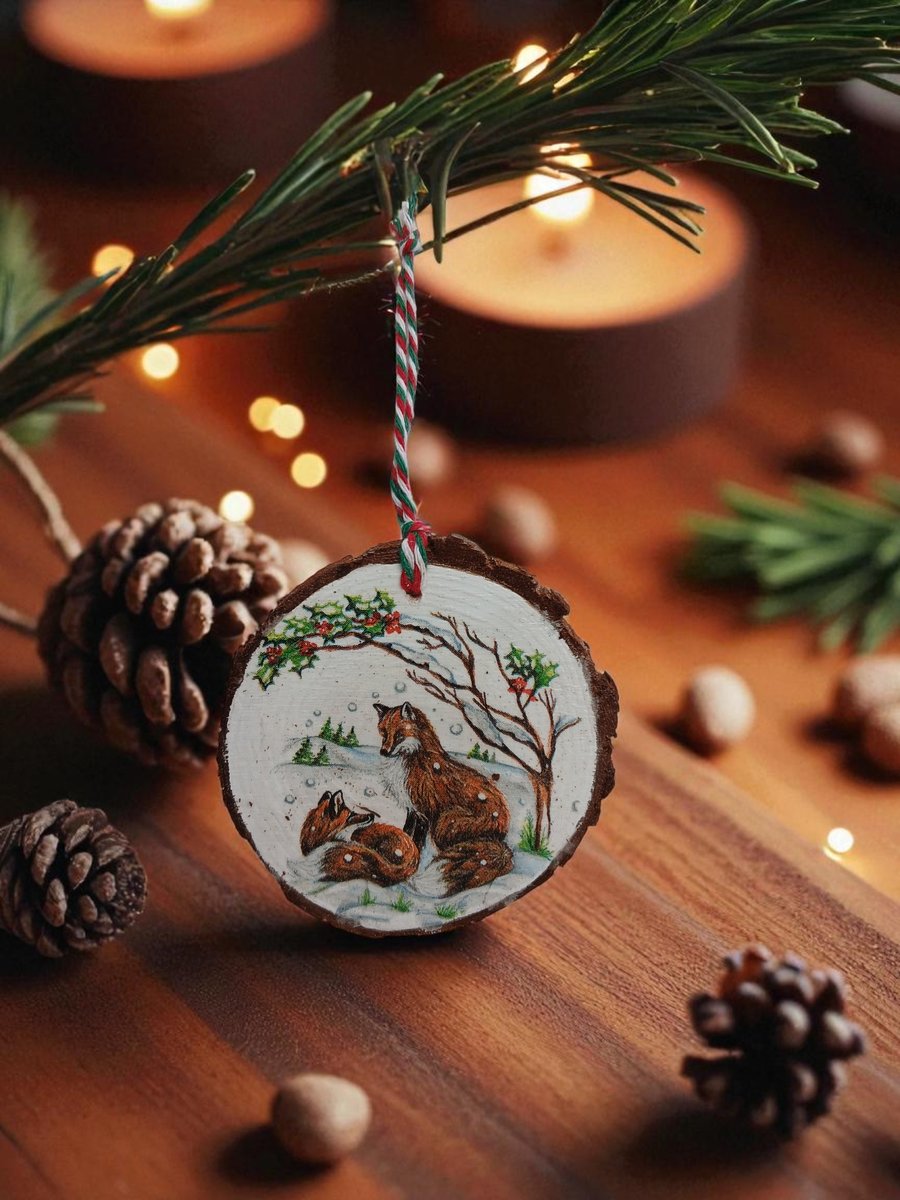 Rustic Foxes Round Wooden Christmas Decoration Tree Ornament