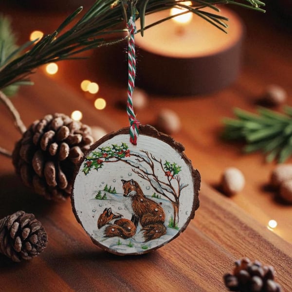 Rustic Foxes Round Wooden Christmas Decoration Tree Ornament