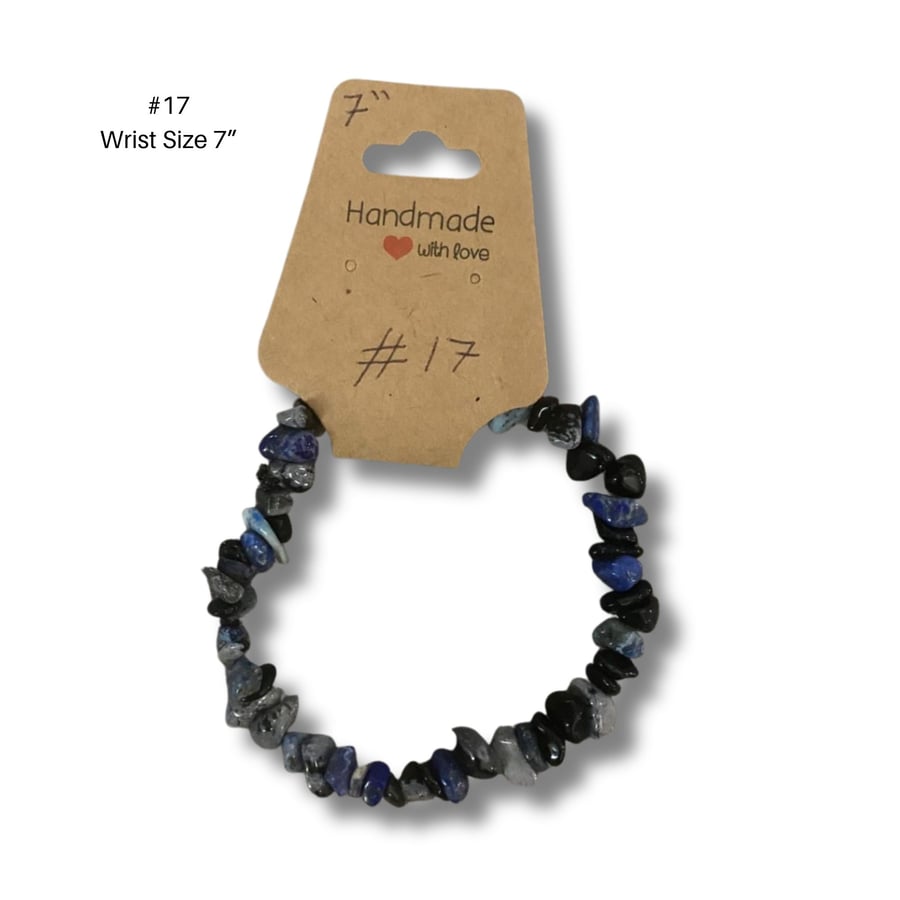 Bracelet 17 – Handmade Blue, Black, Grey Chip Bead Bracelet 7”