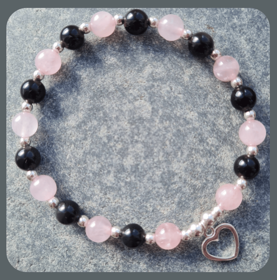 Rose Quartz, Black Obsidian & Sterling Silver beaded bracelet with heart charm