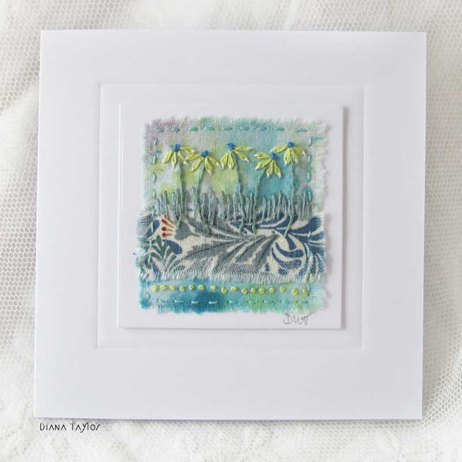 HAND EMBROIDERED FLORAL GREETING CARD GARDEN  WILLIAM MORRIS