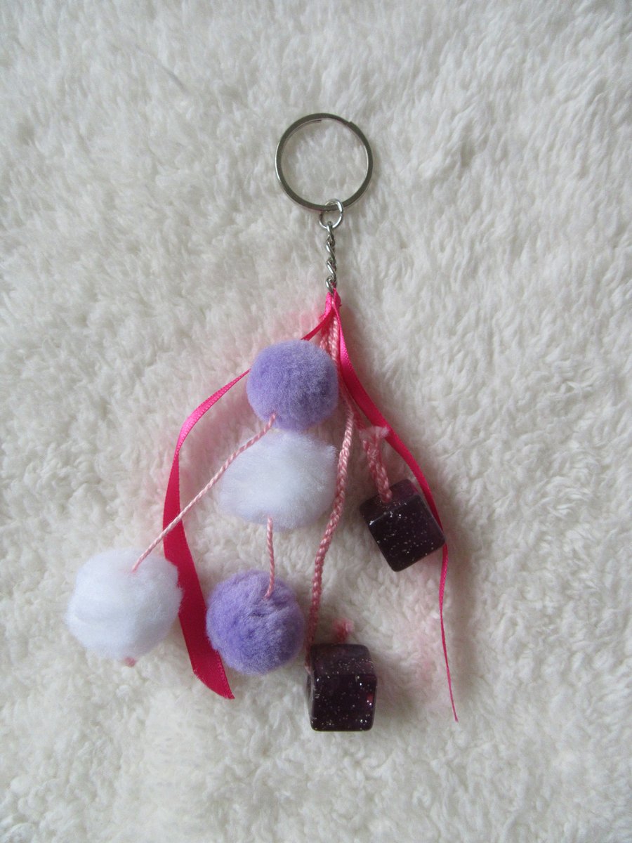 Pink and purple pompom bag charm, stocking filler, gift for girls