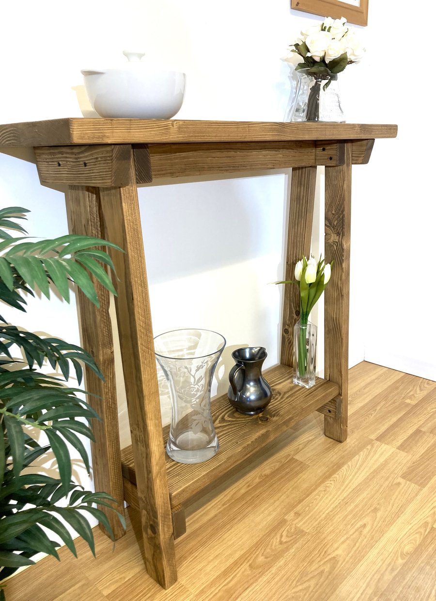 Narrow Handmade Solid Wood Freestanding Hall Table and stand.