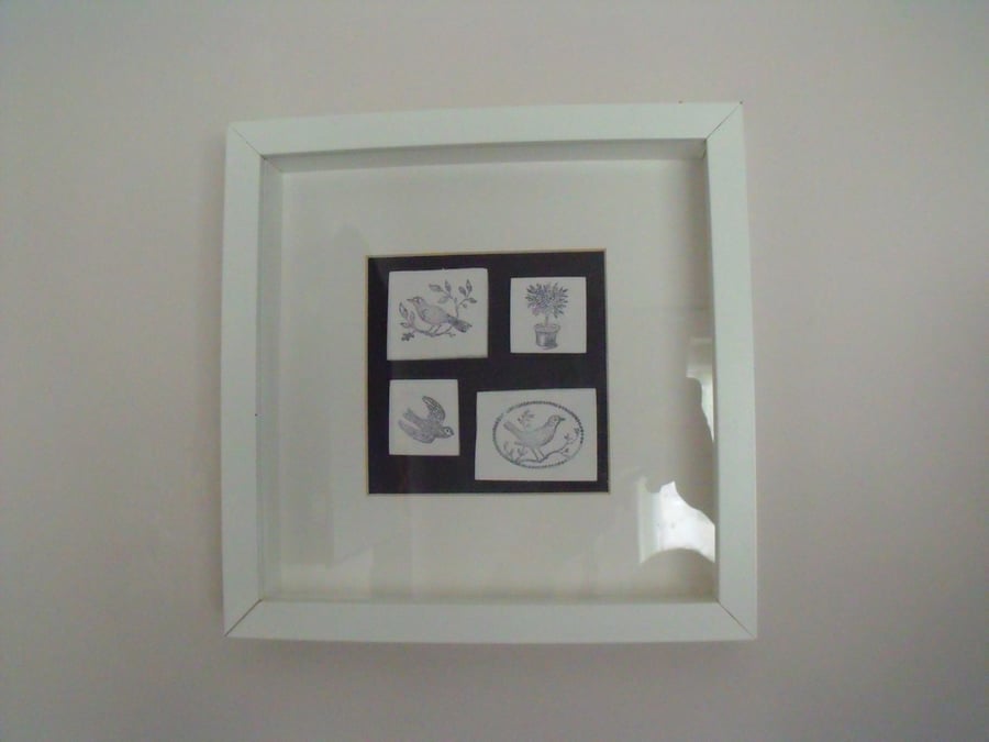 clay mosaic style bird picture in monochrome, 10 x 10 inches, 1 of 2 available