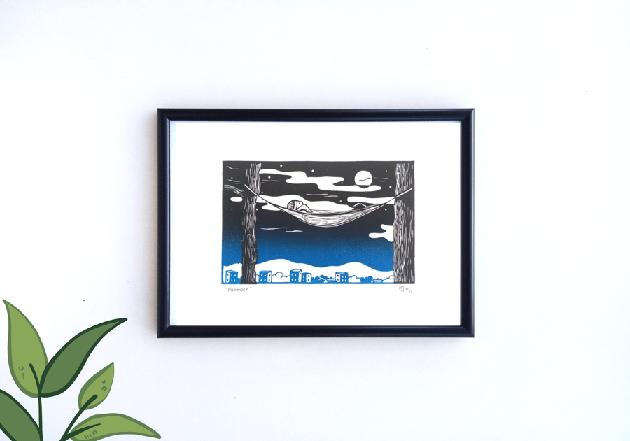 Handprinted ECO Linoprint Hammock Linocut Wall Art Camping Adventure Outdoors