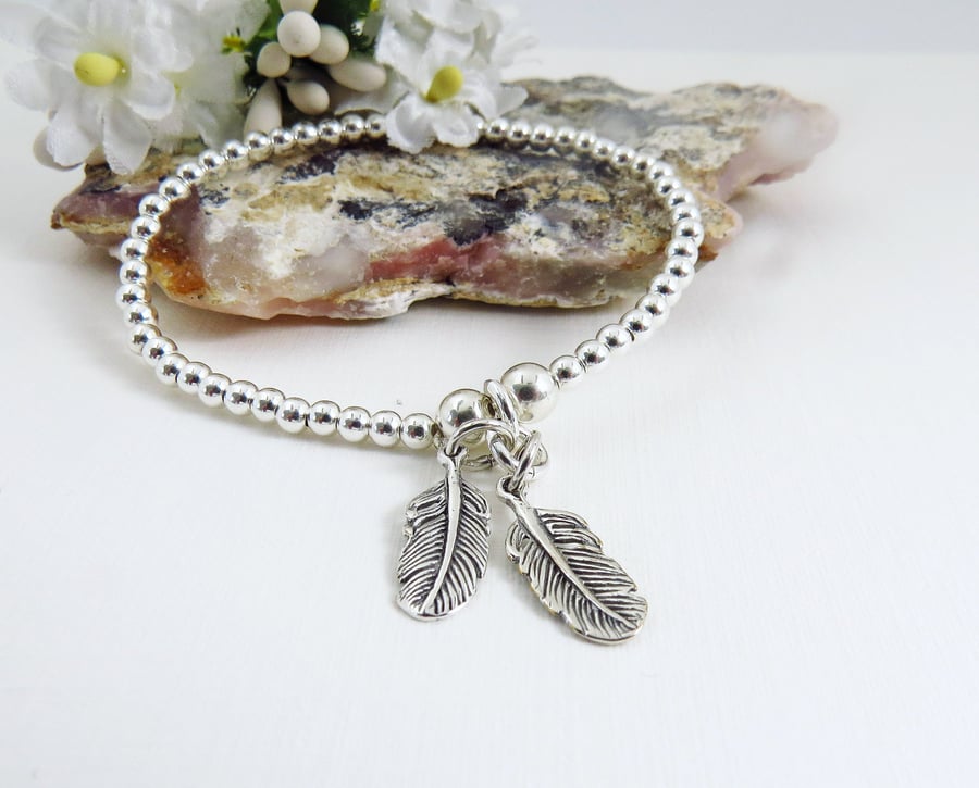 925 Sterling Silver Feather Beaded Charm Bracelet For Women