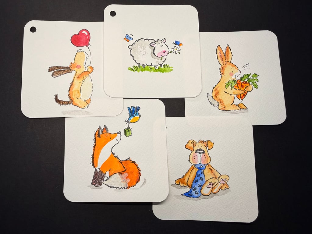 Hand watercoloured gift tags from Penny Black stamps - animal collection