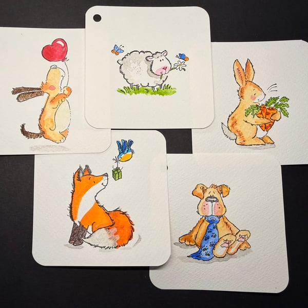 Hand watercoloured gift tags from Penny Black stamps - animal collection