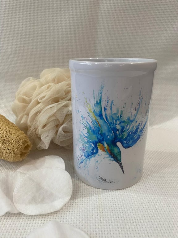 Ceramic Kingfisher Vase, Toothbrush Holder, Pen Caddy. By Watercolour Artist San