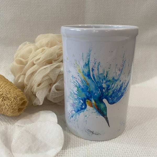 Ceramic Kingfisher Vase, Toothbrush Holder, Pen Caddy. By Watercolour Artist San