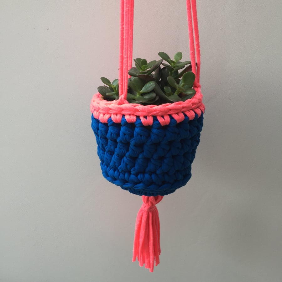 Crochet hanging planter - cobalt blue and neon pink - free UK shipping