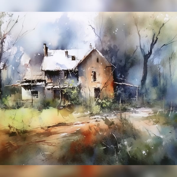 Rustic House Watercolor Art Print 5x7 - Vintage Countryside Wall Art