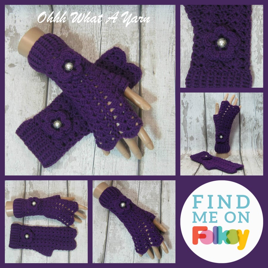 Purple ladies crochet gloves, finger less gloves,wrist warmers, purple gloves.