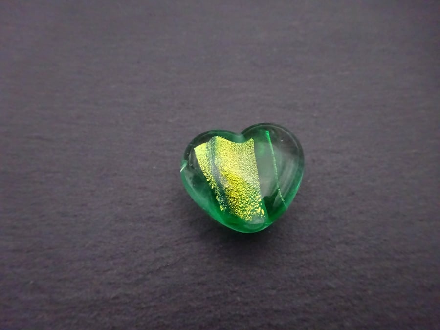 lampwork glass bead, green dichroic heart