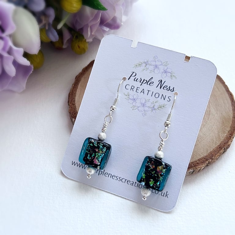 Teal Dichoric Glass Beaded Earrings