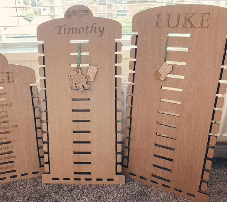 Personalised  Oak Veneer Karate Belt and Medal Display ‘Up to 12 belts'