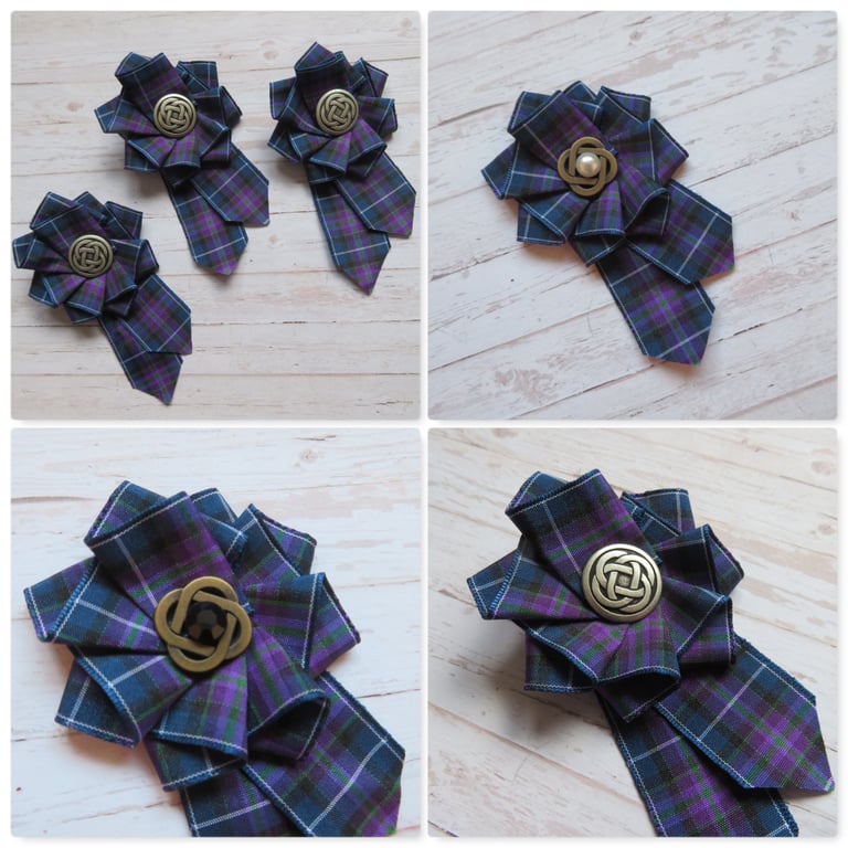 Pride of Scotland Tartan Ruffle Rosette Mini Brooch Pin Purple Scottish 