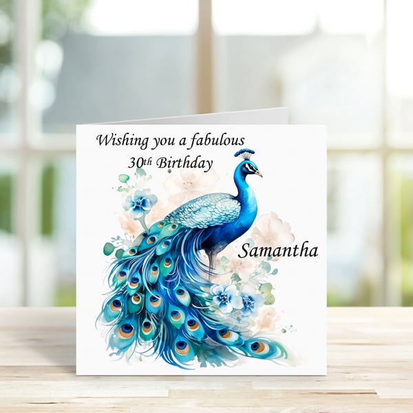 Personalised Beautiful Elegant Peacock Birthday Card. Design 1