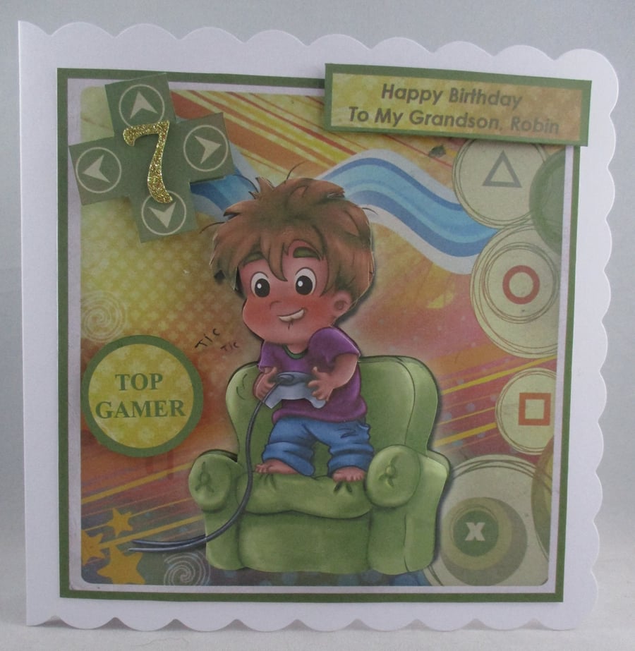 Handmade 3D, Decoupage Boy Computer Games Birthday Card, Personalise