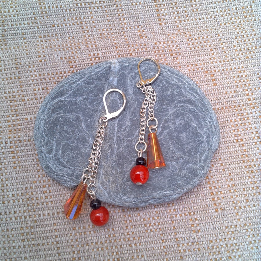 Earrings with Orange Artemis Beads Red and Black Beads on Long Chains