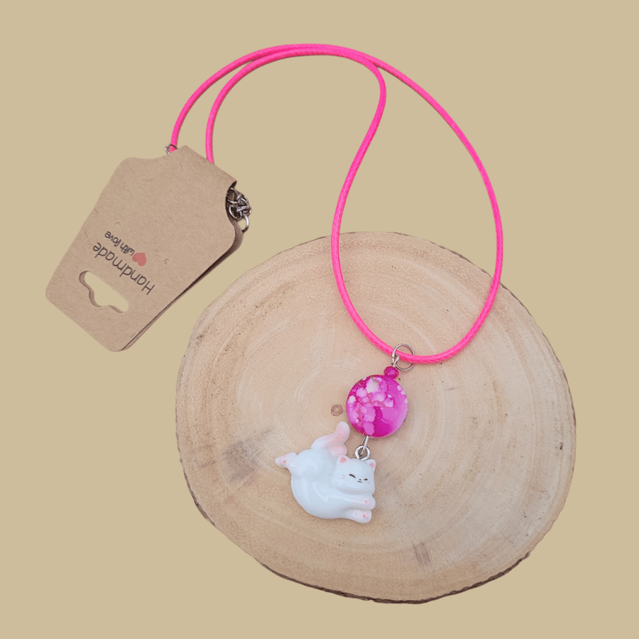 Cat Pink Wax Cord Necklace 