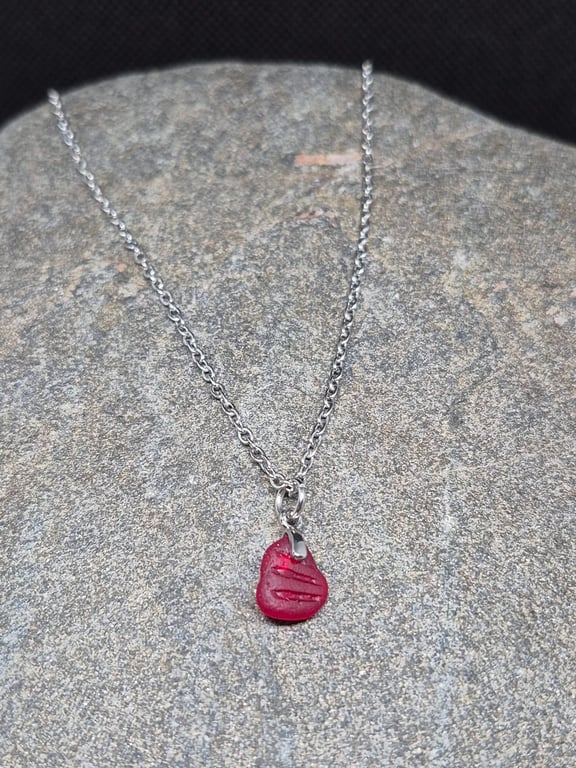 Sea Glass Necklace Red Glass, 19.5" Stainless Steel Cable Chain.