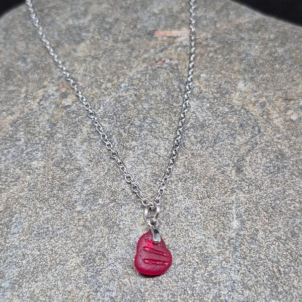 Sea Glass Necklace Red Glass, 19.5" Stainless Steel Cable Chain.