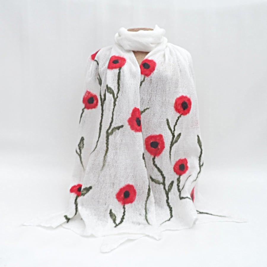 Nuno felted cotton scarf with merino wool, white with poppies