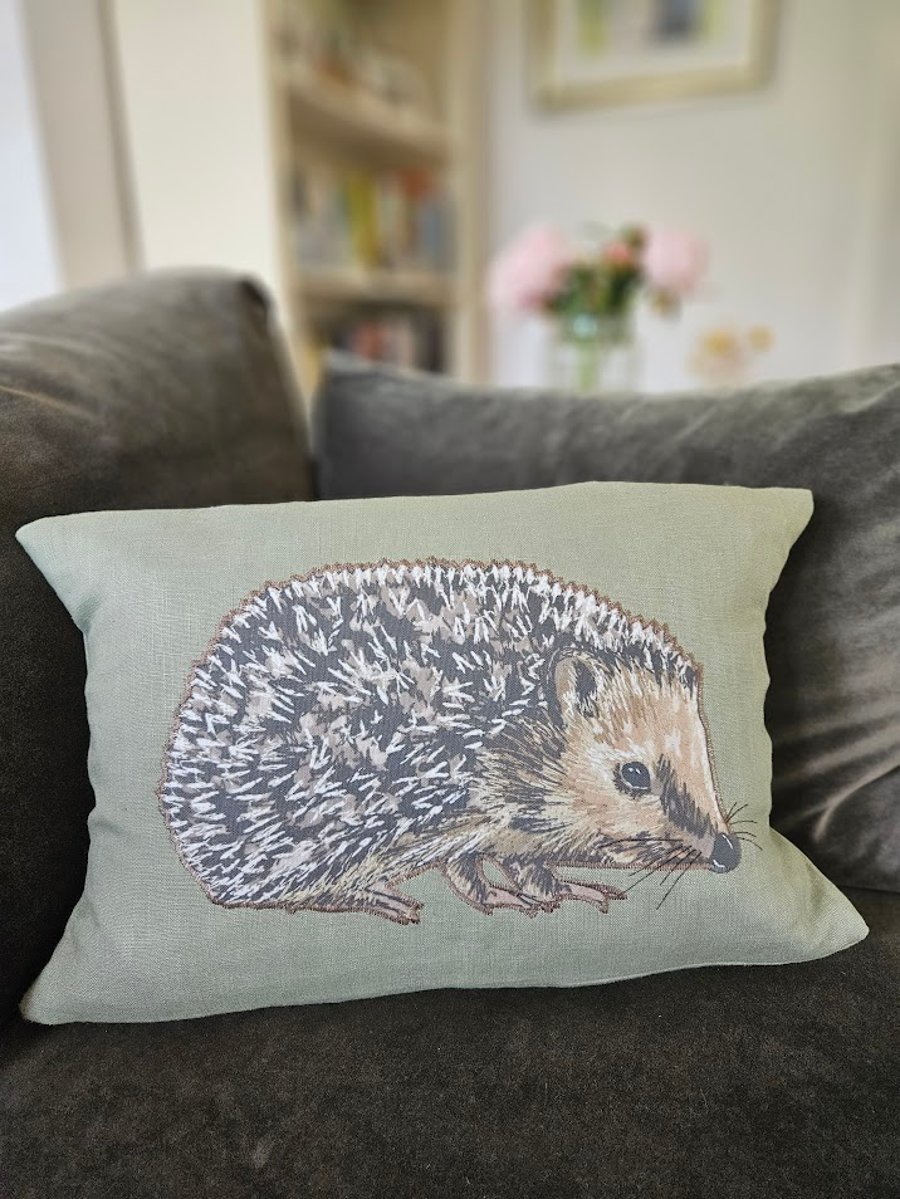 Handmade linen cushion with applique printed hedgehog design 