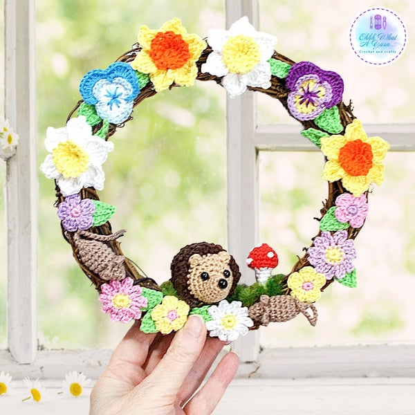 Crochet hedgehog, Spring wreath. Mixed media decorative wreath.