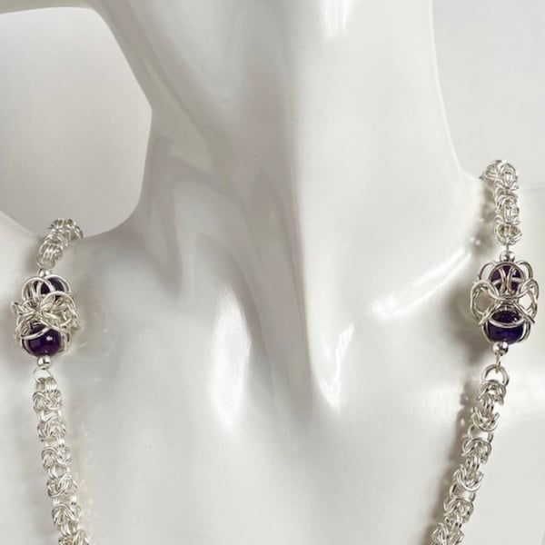 Sterling Silver Amethyst  24 Inch Chainmaille Chain & Extender 