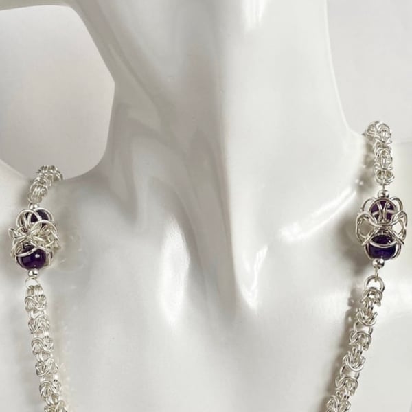 Sterling Silver Amethyst  24 Inch Chainmaille Chain & Extender - Last One