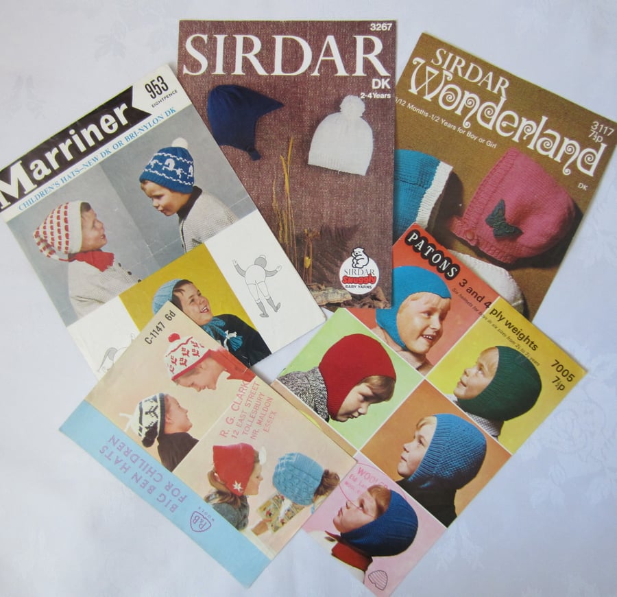 5 Vintage Knitting Patterns - Hats and Helmets for Children