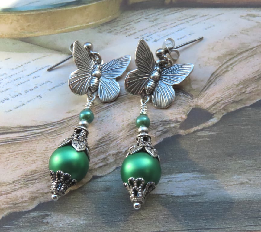 Victorian Style Green Crystal Pearls and Antiqued Silver Butterfly Earrings 