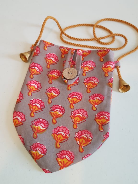 Indian block print crossbody bag: pink on taupe