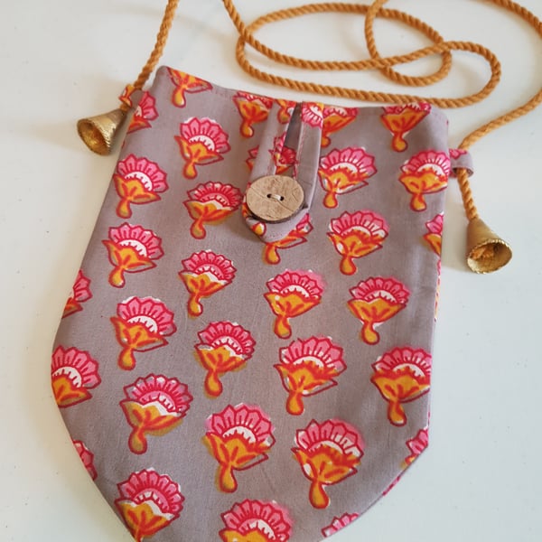 Indian block print crossbody bag: pink on taupe