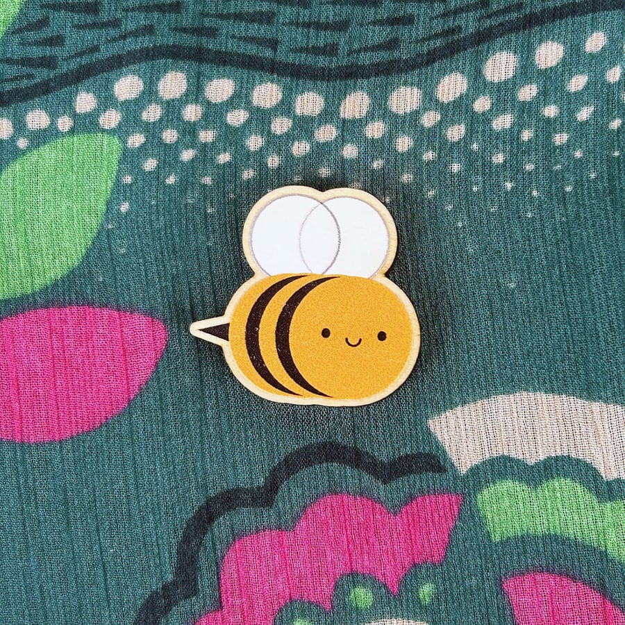 Happy Bumblebee Kawaii Wooden Pin or Brooch
