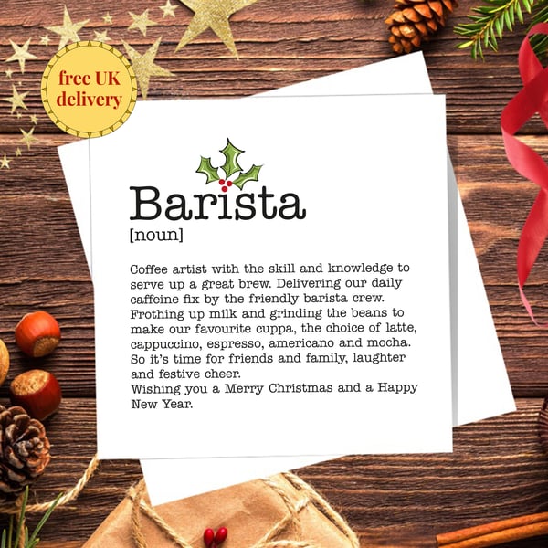 Barista Definition Christmas Card, Coffee Lover - blank inside